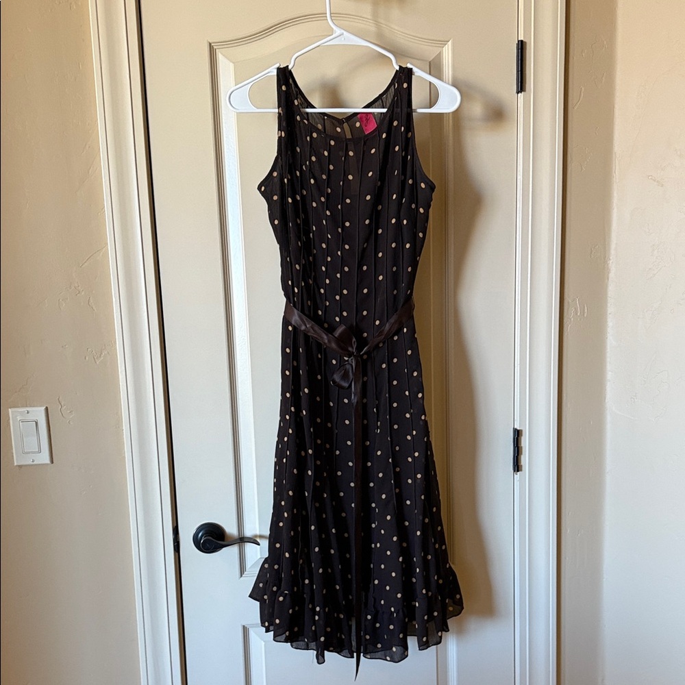 NWOT Chic Brown & Khaki Polka Dot Midi Dress (w/brown satin belt)